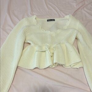 SHEIN Cream Ribbed Peplum Blouse with Tie Front